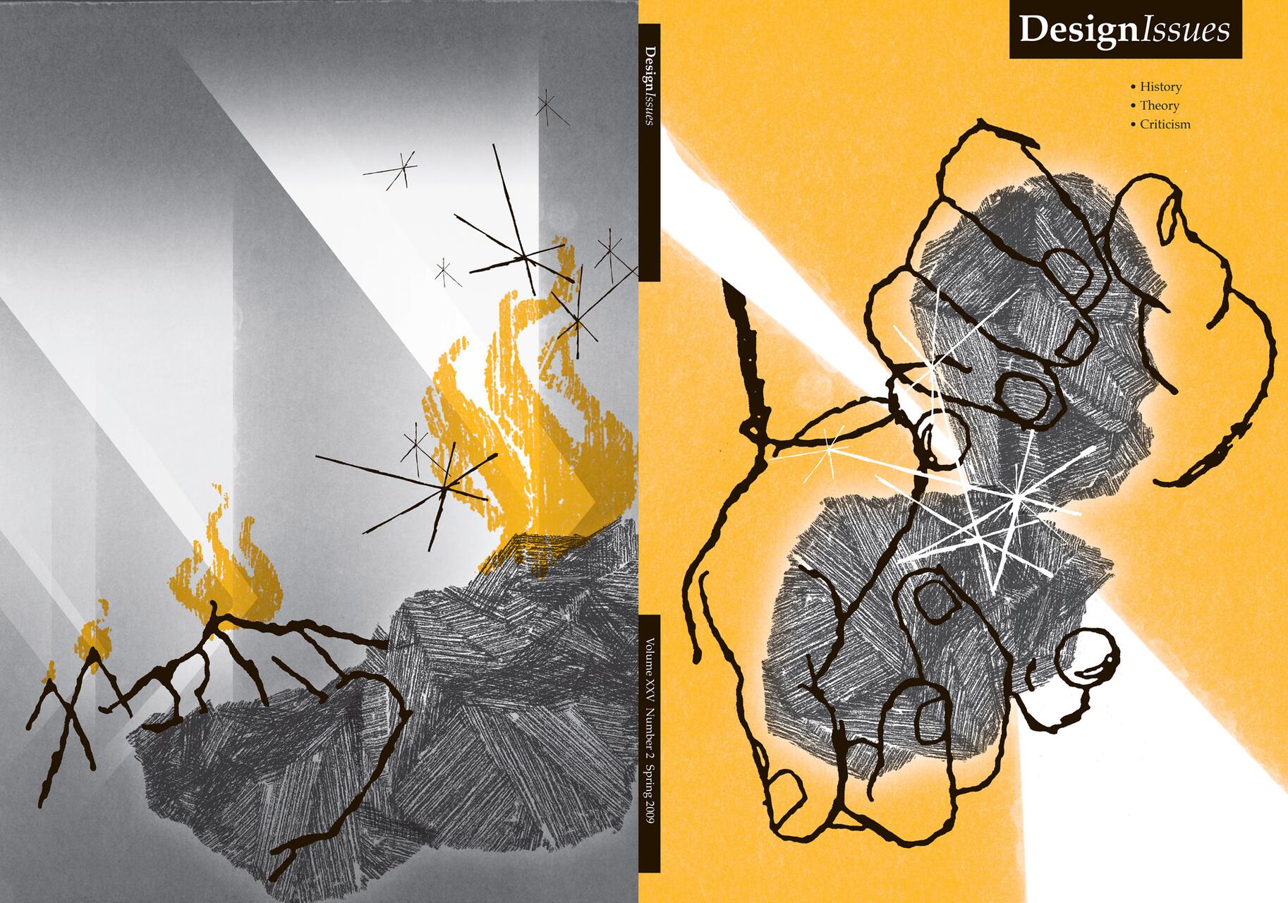 Abstract graphic with gray and yellow tones, featuring angular shapes and fiery elements on the left, and outlined hands with textured shading on the right, intersected by white starburst lines.