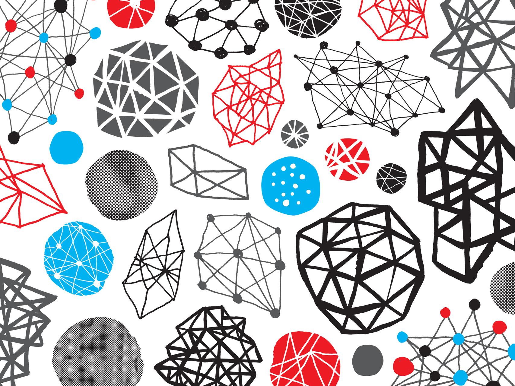 Abstract graphic with various interconnected geometric shapes in black, red, and blue against a white background. Shapes include circles, polygons, and lines, creating a complex, visually dynamic pattern.