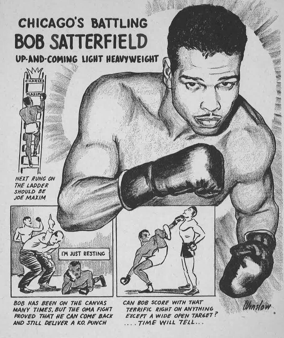Illustrated boxing poster featuring Bob Satterfield, a muscular fighter in a boxing stance. Smaller panels show a boxing ladder, a fighter down, and a knockout punch. The background text describes Satterfield as an up-and-coming light heavyweight from Chicago.