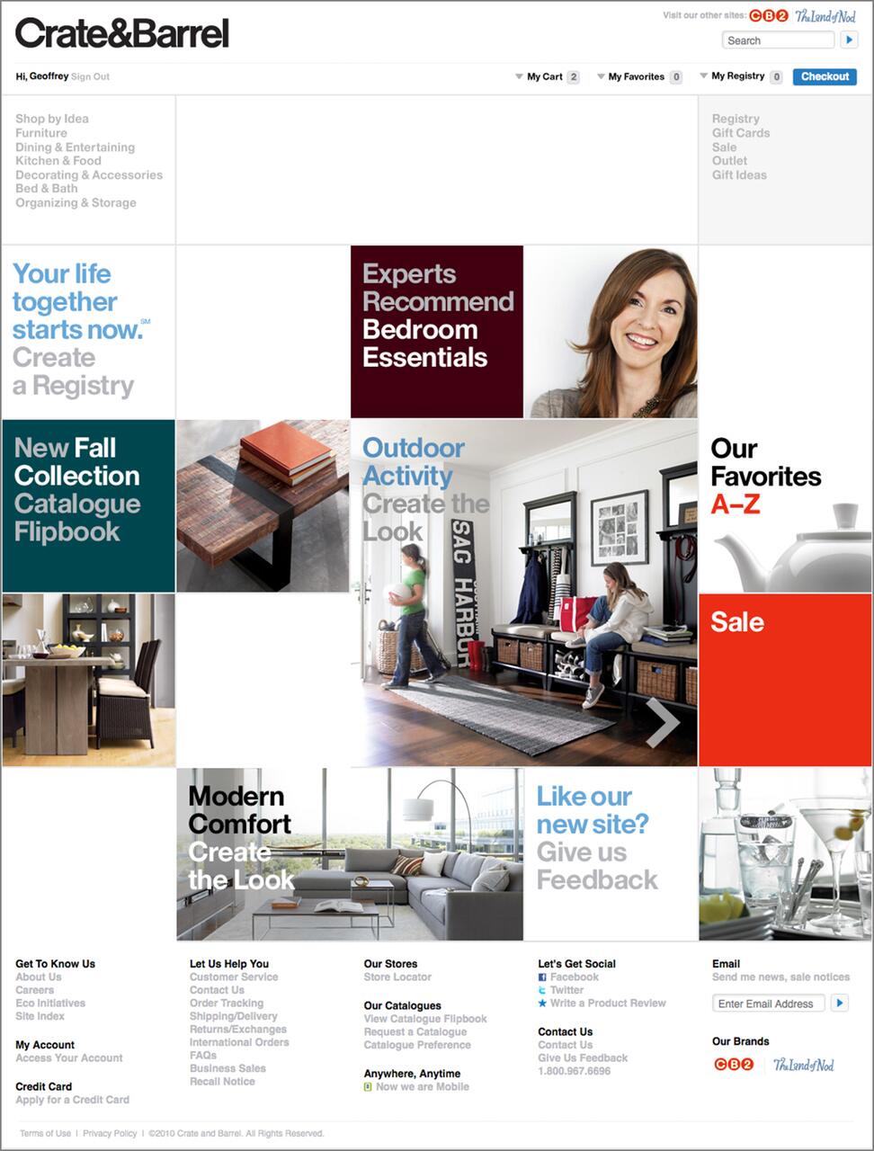 Crate & Barrel webpage with sections highlighting bedroom essentials, new fall collection, and sales. Features images of furniture and a cozy living room. Menu links for shopping and services are at the bottom.