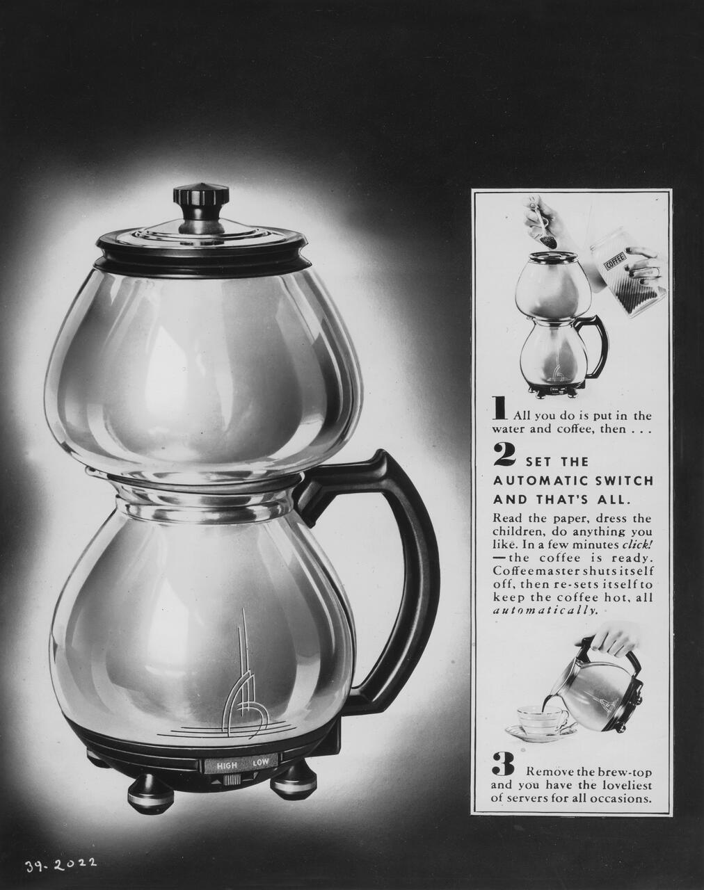 A vintage black and white photograph of a glass coffee pot with a black handle, shown with an instruction panel on the right. The coffee pot is round and has a sleek, retro design with a lid, set against a gradient background.