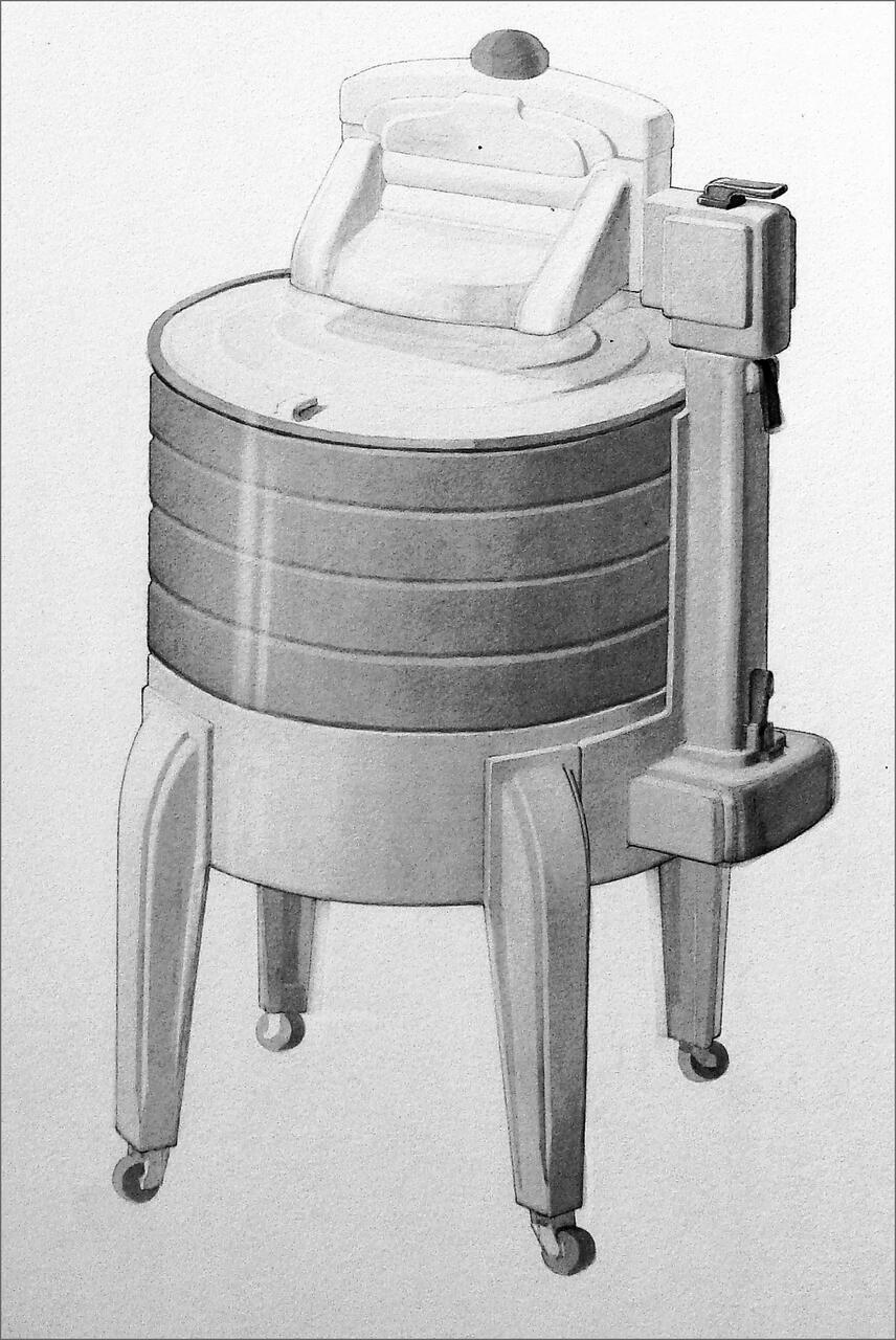 Vintage washing machine illustration on legs with wheels, featuring a cylindrical drum and an attached wringer on top.