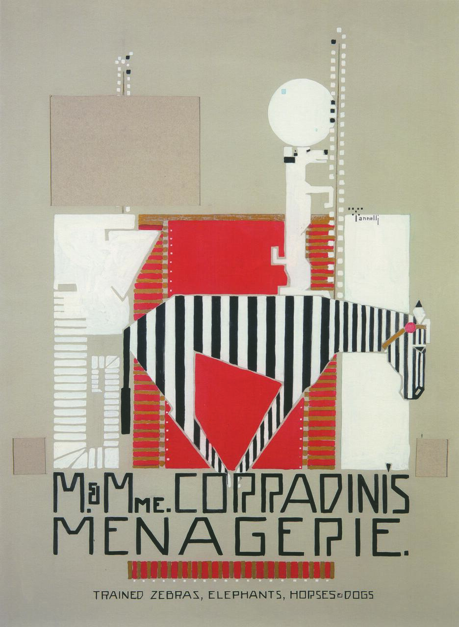 Stylized graphic poster depicting a zebra in black, white, and red geometric patterns, surrounded by abstract shapes. Text below reads "COPRADINI'S MENAGERIE," with mention of trained animals including zebras, elephants, horses, and dogs.