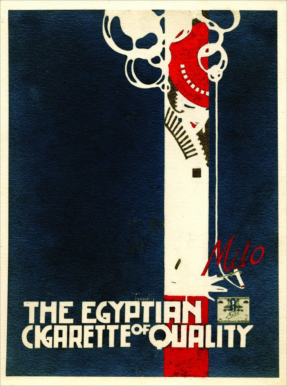Art Deco style poster featuring a woman with a red headscarf blowing smoke rings. Dark blue background with bold text reading "The Egyptian Cigarette of Quality." A small logo and the name "Milo" in red script are also present.