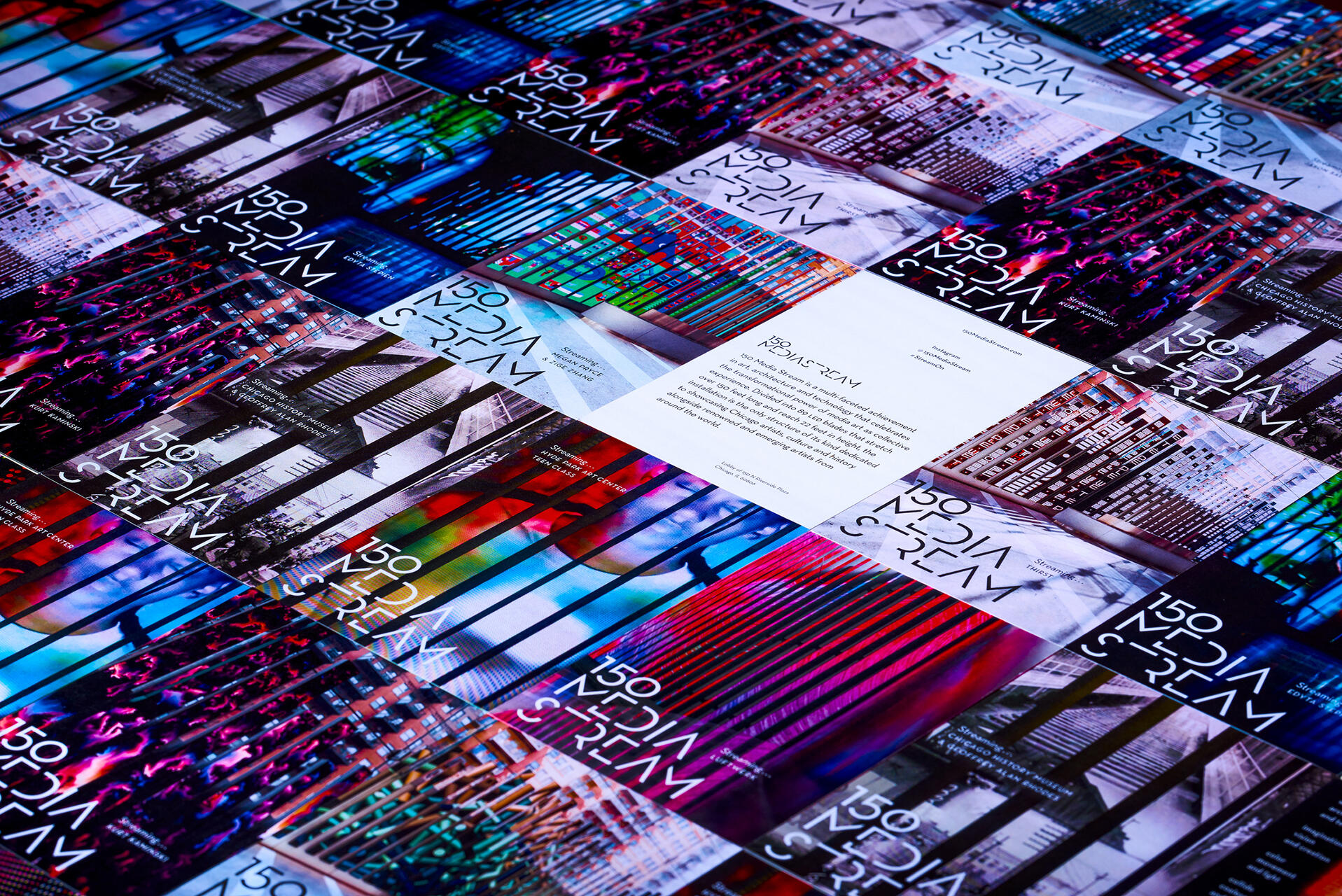 Colorful array of media cards with text, displaying varied architectural photography and abstract art. A central white card contains paragraphs of text, contrasting with the surrounding vibrant colors and designs.