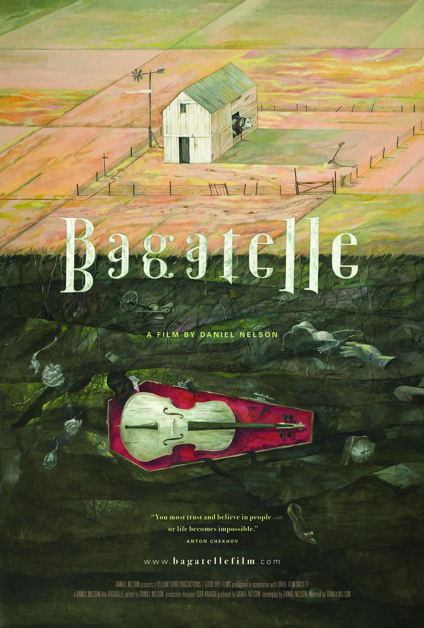 Painting of a rural landscape with a barn, fields, and a windmill. In the foreground, a large red violin lies on dark grass, surrounded by various objects. The sky is a pastel blend of pink and orange hues.