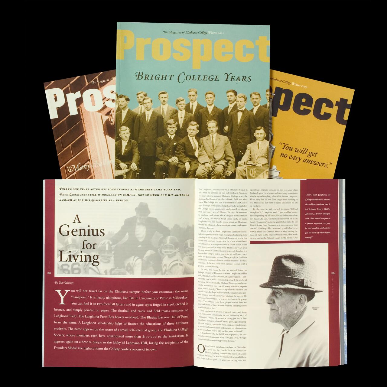 Three magazine covers titled "Prospect" with vintage style. The foremost issue features an article titled "A Genius for Living" with a black and white photo of an elderly man in a hat on an open page.