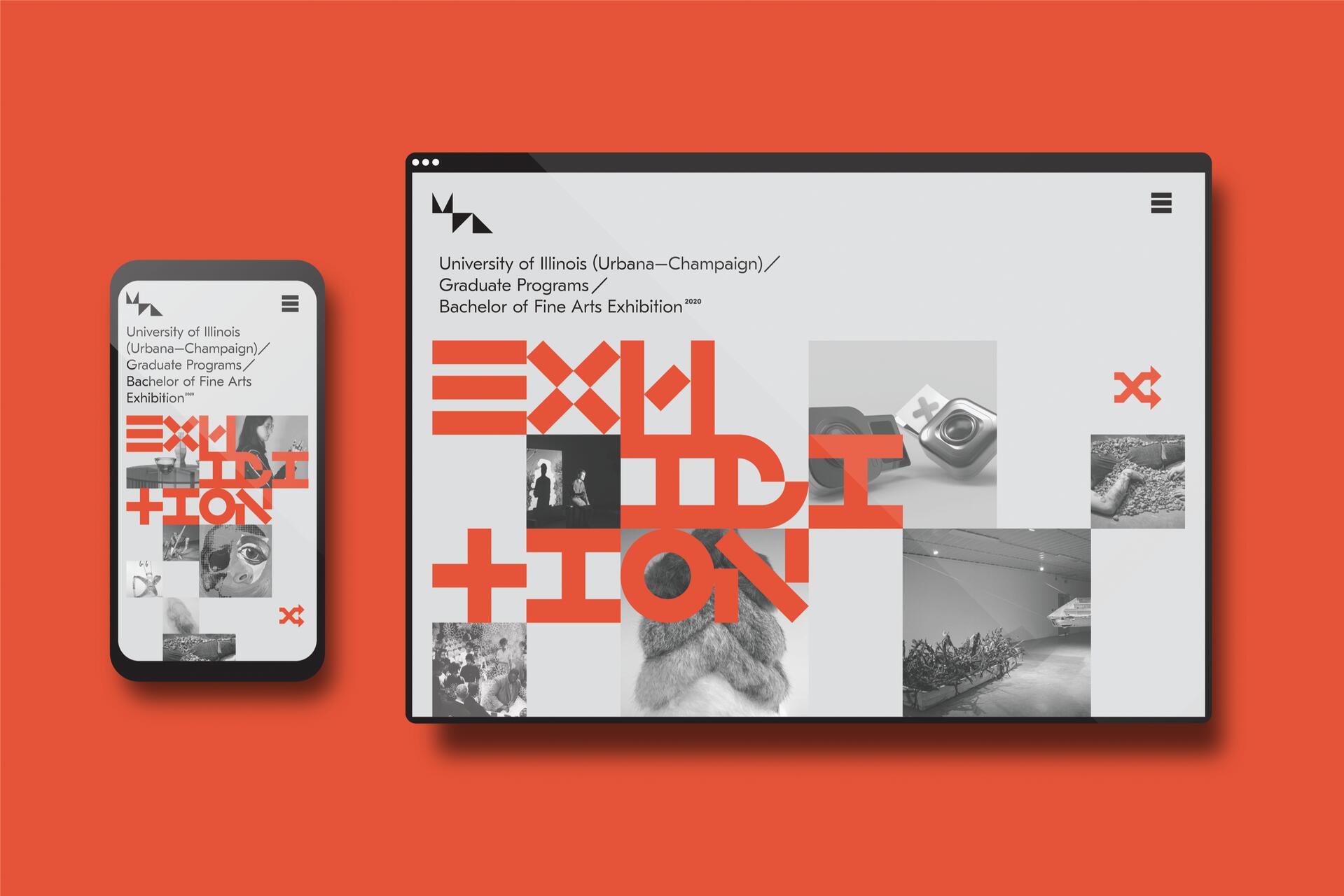 Website and mobile interface displaying a Bachelor of Fine Arts exhibition design. The background is bright orange, with geometric red text overlay on grayscale images showcasing art pieces.