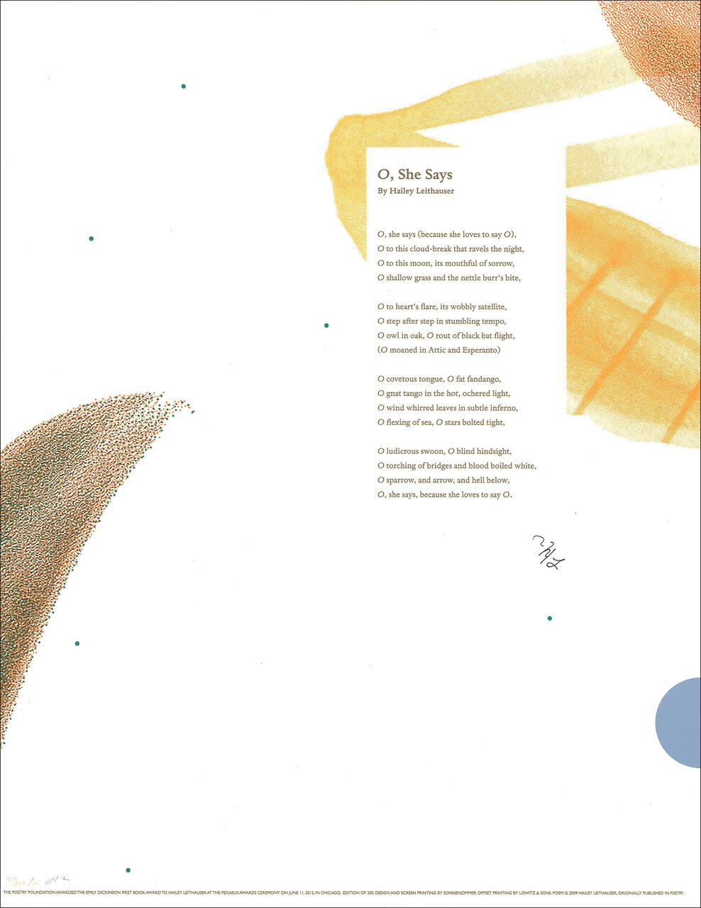 Poem titled "O, She Says" by Hailey Leithauser printed with abstract orange and brown shapes, and green dots scattered on a white background.