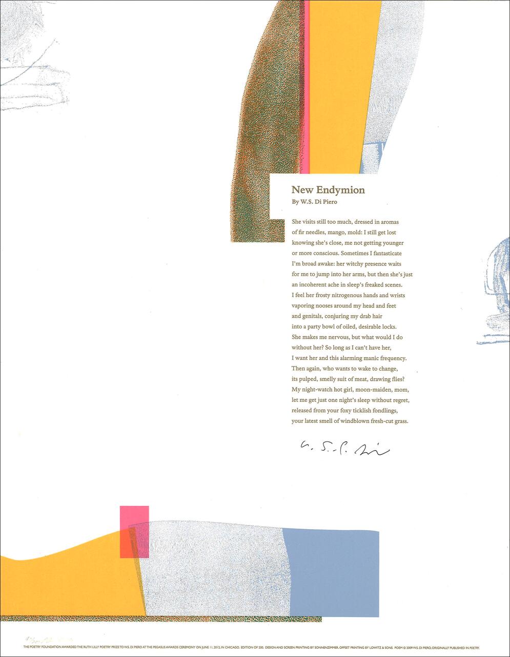 Graphic design with poem titled "New Endymion" by W.S. Di Piero. The layout includes abstract color shapes in orange, red, blue, and yellow on the left and bottom, with a poem text block on the right against a white background.