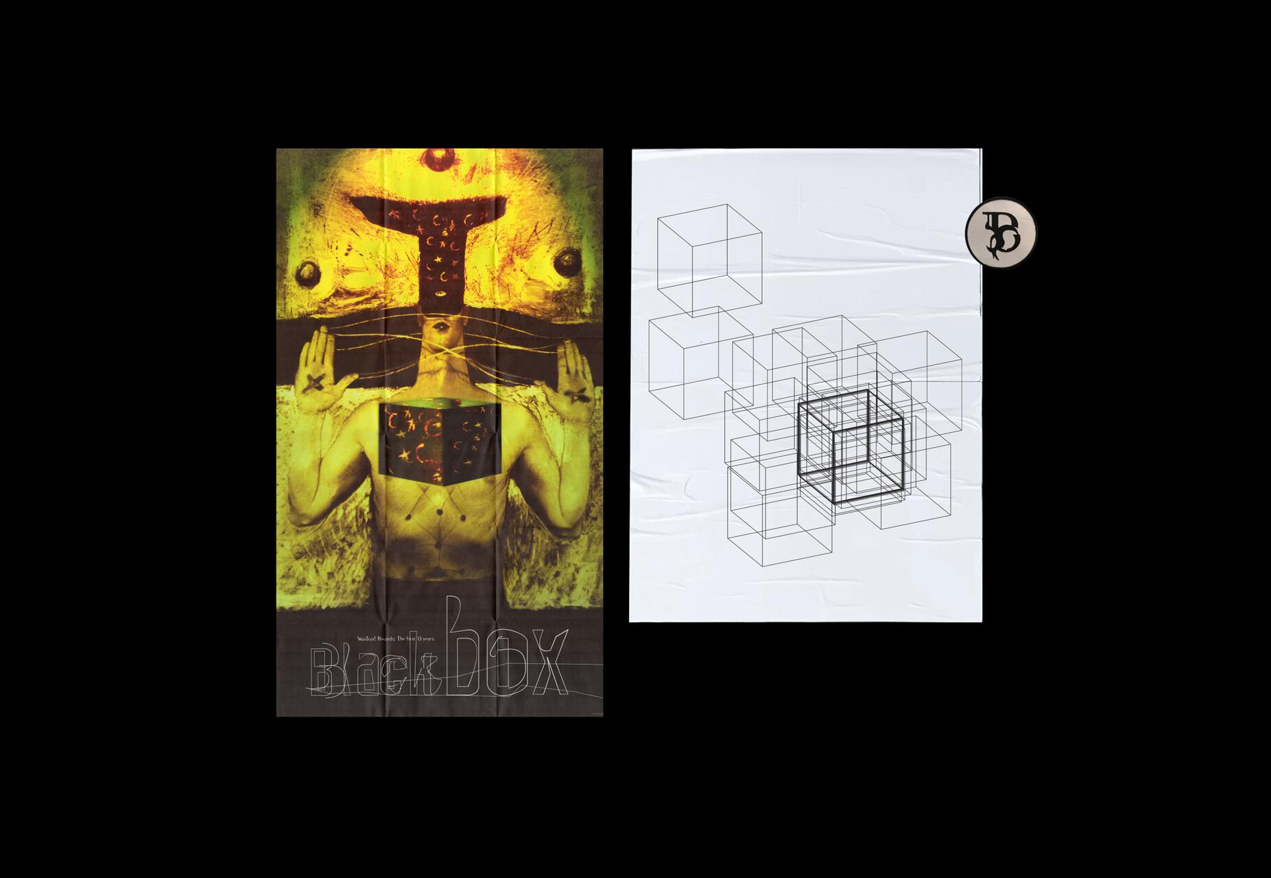 Two abstract posters side by side. The left poster features a surreal image of a human figure with intricate patterns and a warm color palette. The right poster shows a geometric design of connected transparent cubes on a white background, with a small circular logo.