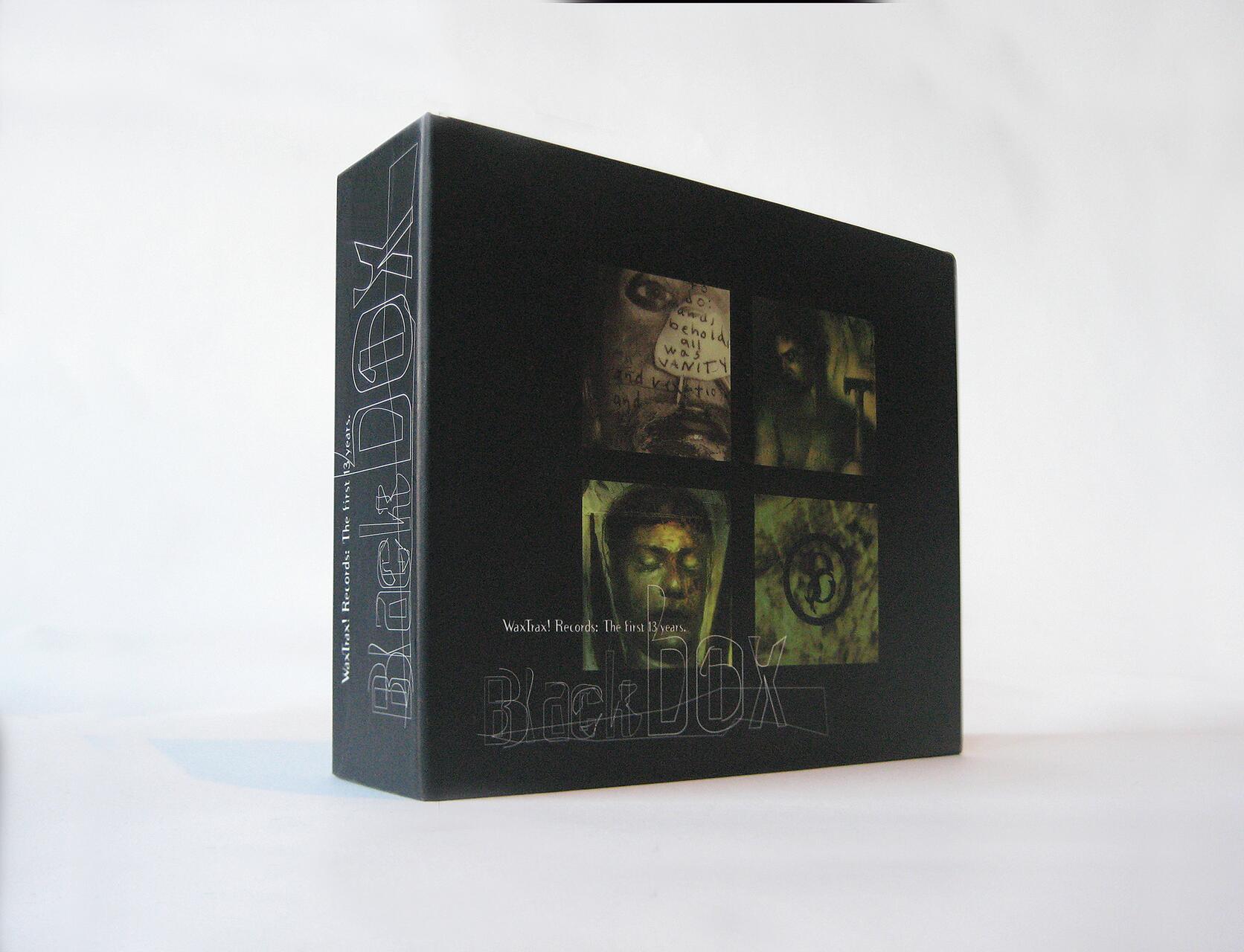 Black box set featuring a collage of four dark, abstract images, with thin white text on the side saying “Wax Trax! Records: The First 13 Years.”