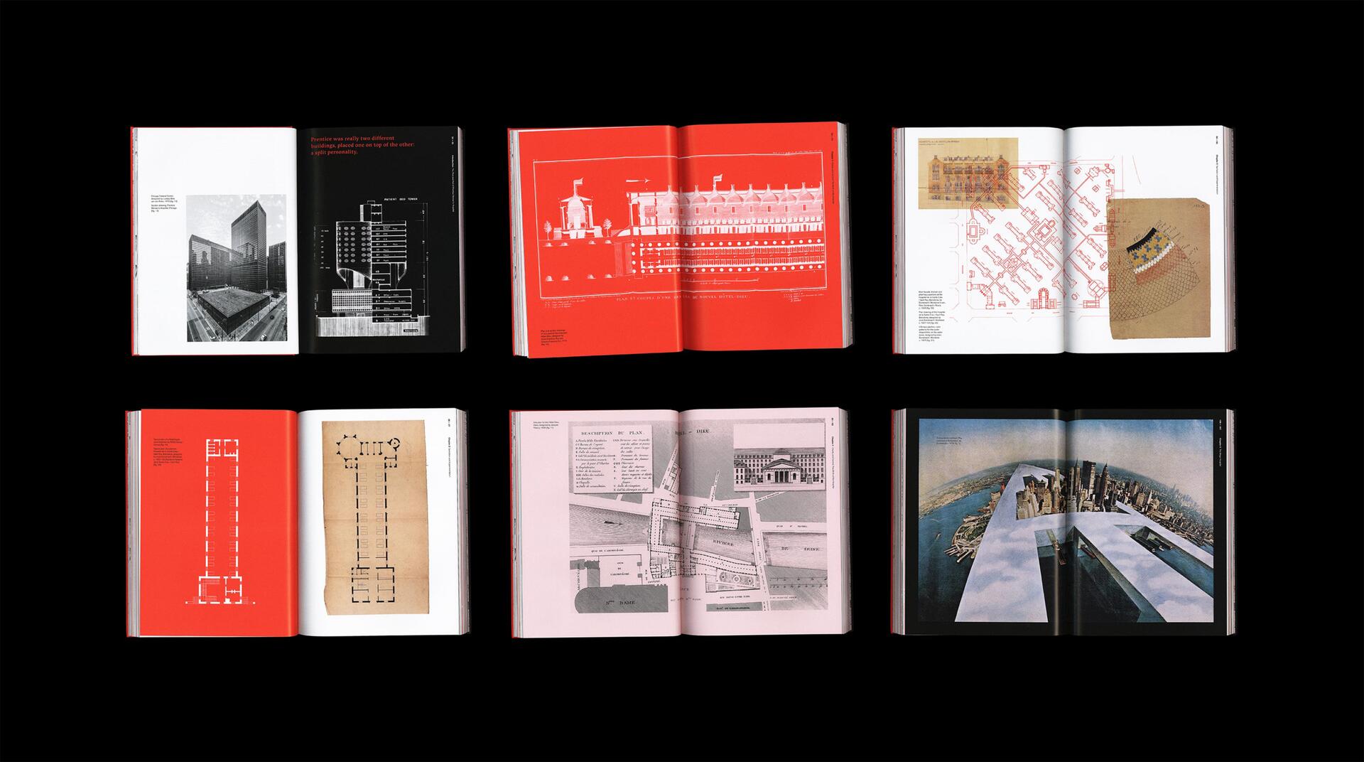 Open architectural books on a black background, showcasing six pages with building designs, floor plans, and drawings, in varied colors like red and pink, displaying different styles and eras.