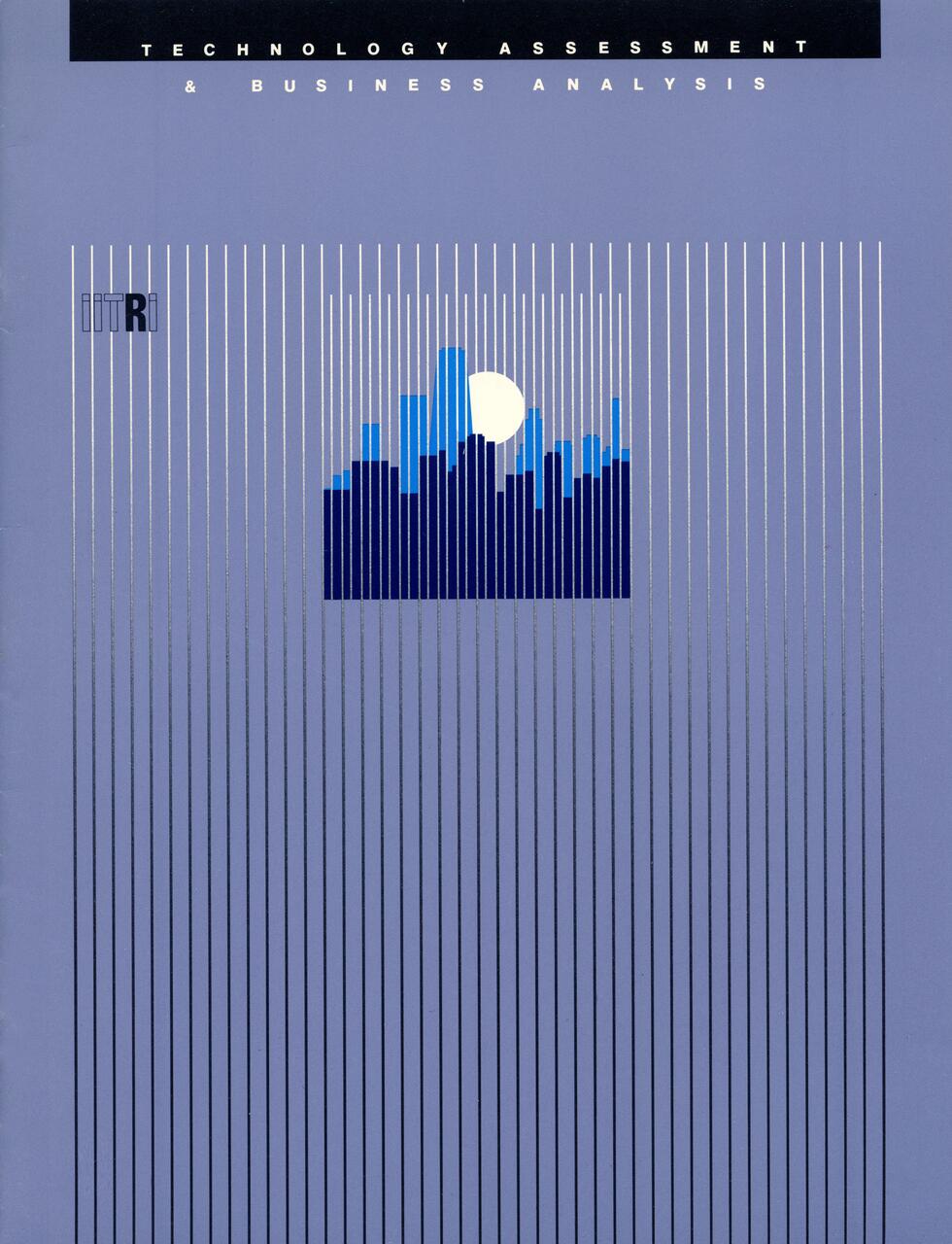 Blue cover with vertical white lines, depicting a stylized city skyline and a moon. Text reads "Technology Assessment & Business Analysis." Button is black with "ITRI" logo.
