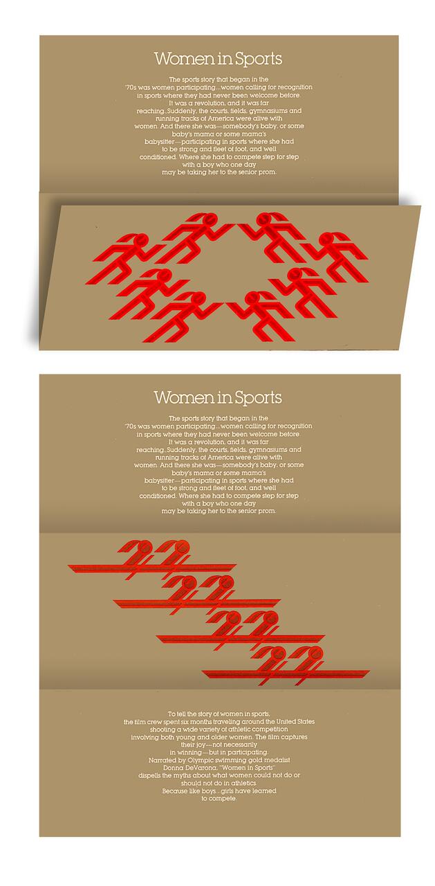 Stylized red figures in sports poses on a brown background, with text about women in sports, emphasizing participation and recognition, set in a documentary film context.