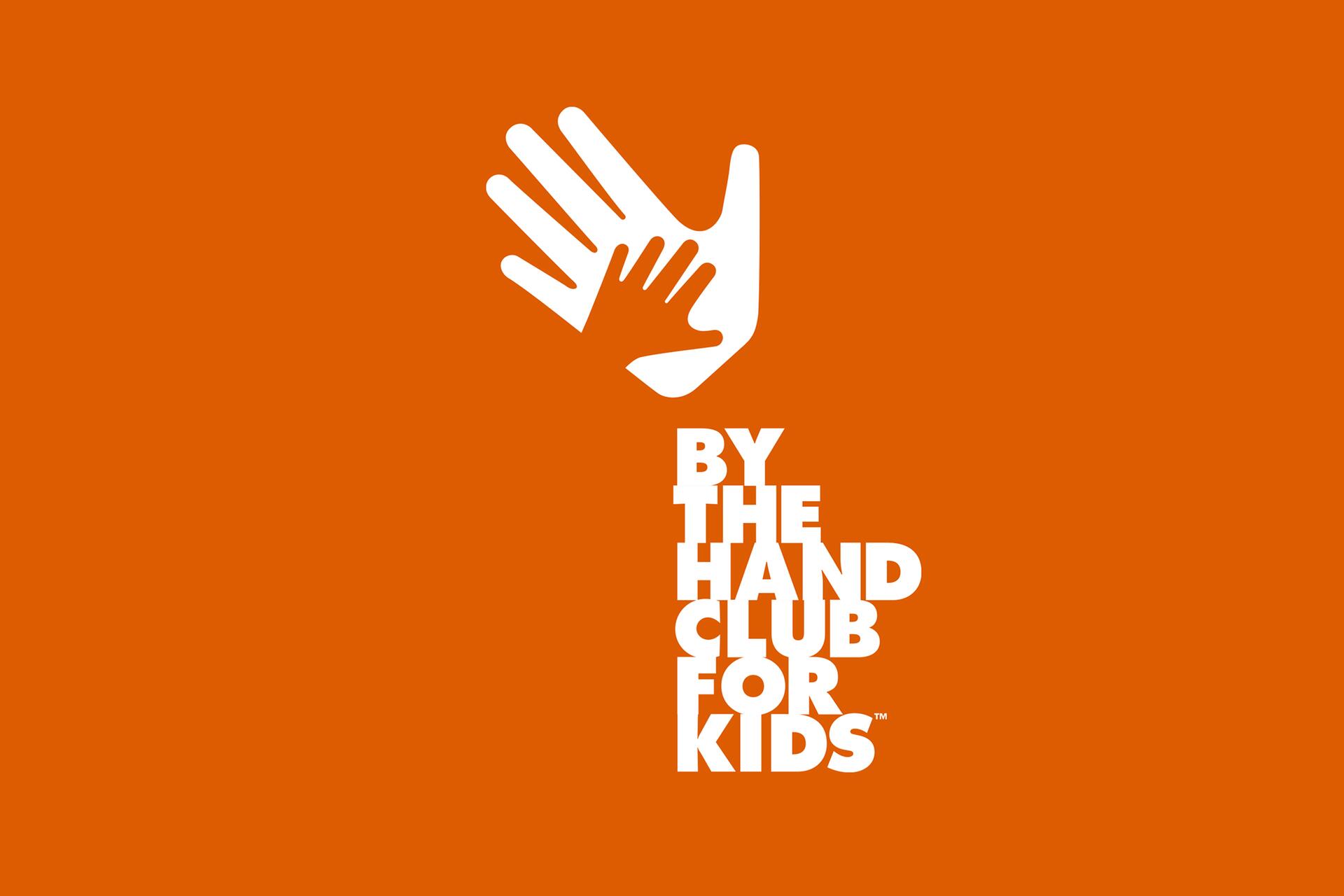 White hands logo on orange background, featuring a larger hand and a smaller hand inside it, with the words "By The Hand Club For Kids" in white, stacked vertically.