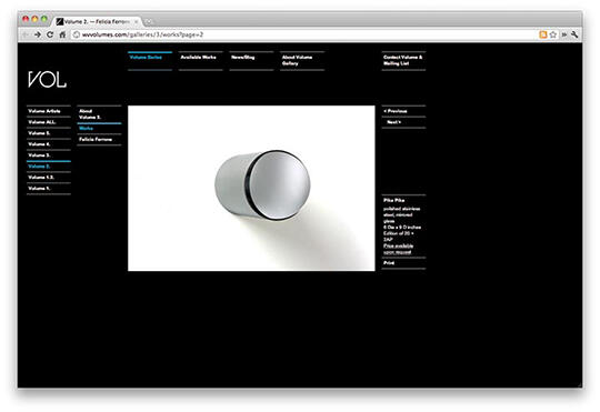 A minimalist web page displays a cylindrical object casting a shadow on a white background. The design is sleek, with a black navigation menu on the left and top, featuring white text links.
